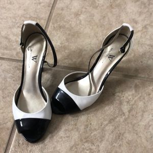 Black and white peep toe heels